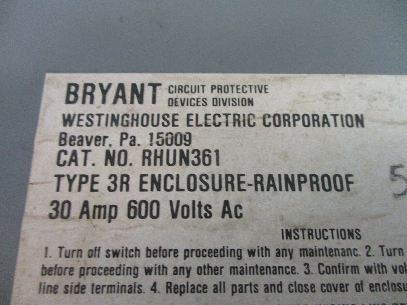 Westinghouse 3R Non-Fusible Safety Switch / Disconnect RHUN361 30A 600V Used