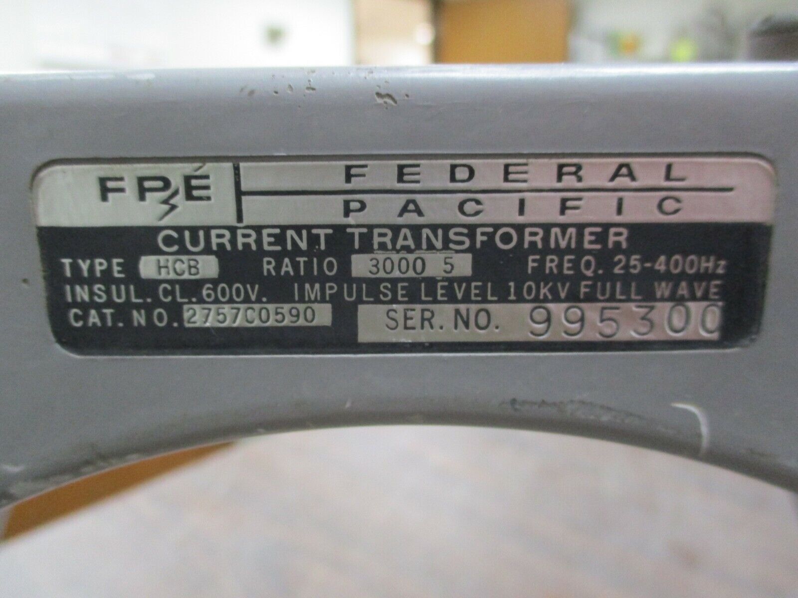 FPE Type HCB Current Transformer 2757C0590 Ratio 3000:5A 600V, 25-400Hz, Used