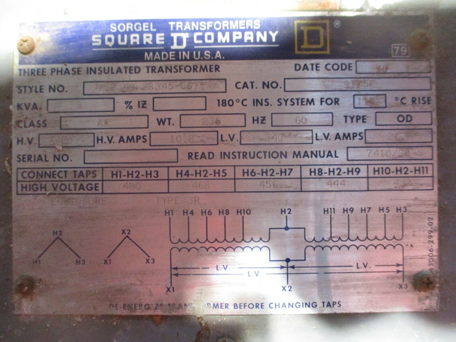 Square D Sorgel Transformer 9T75F 9kVA Pri: 480V Sec: 240V 60Hz 3R Enclosure