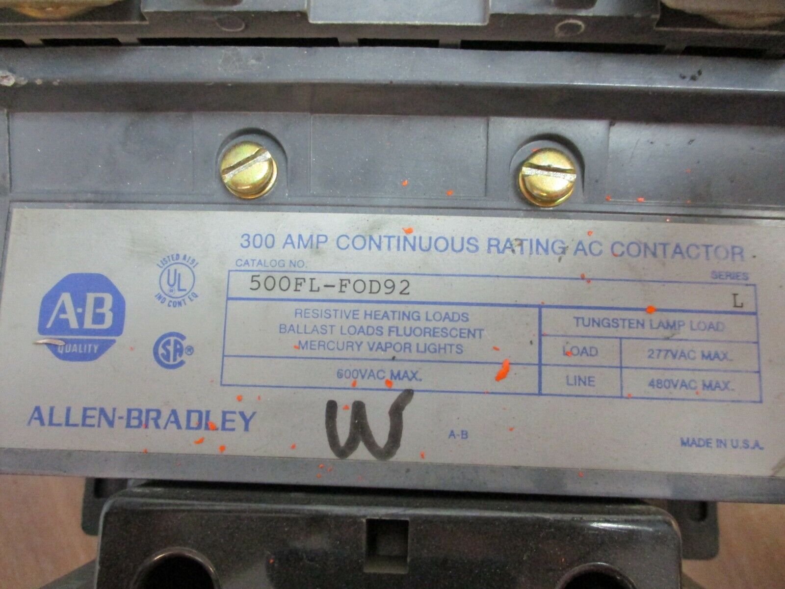 Allen-Bradley, size 5 lighting contactor, part#:500FL-FOD92, 115-120v coil, 300A