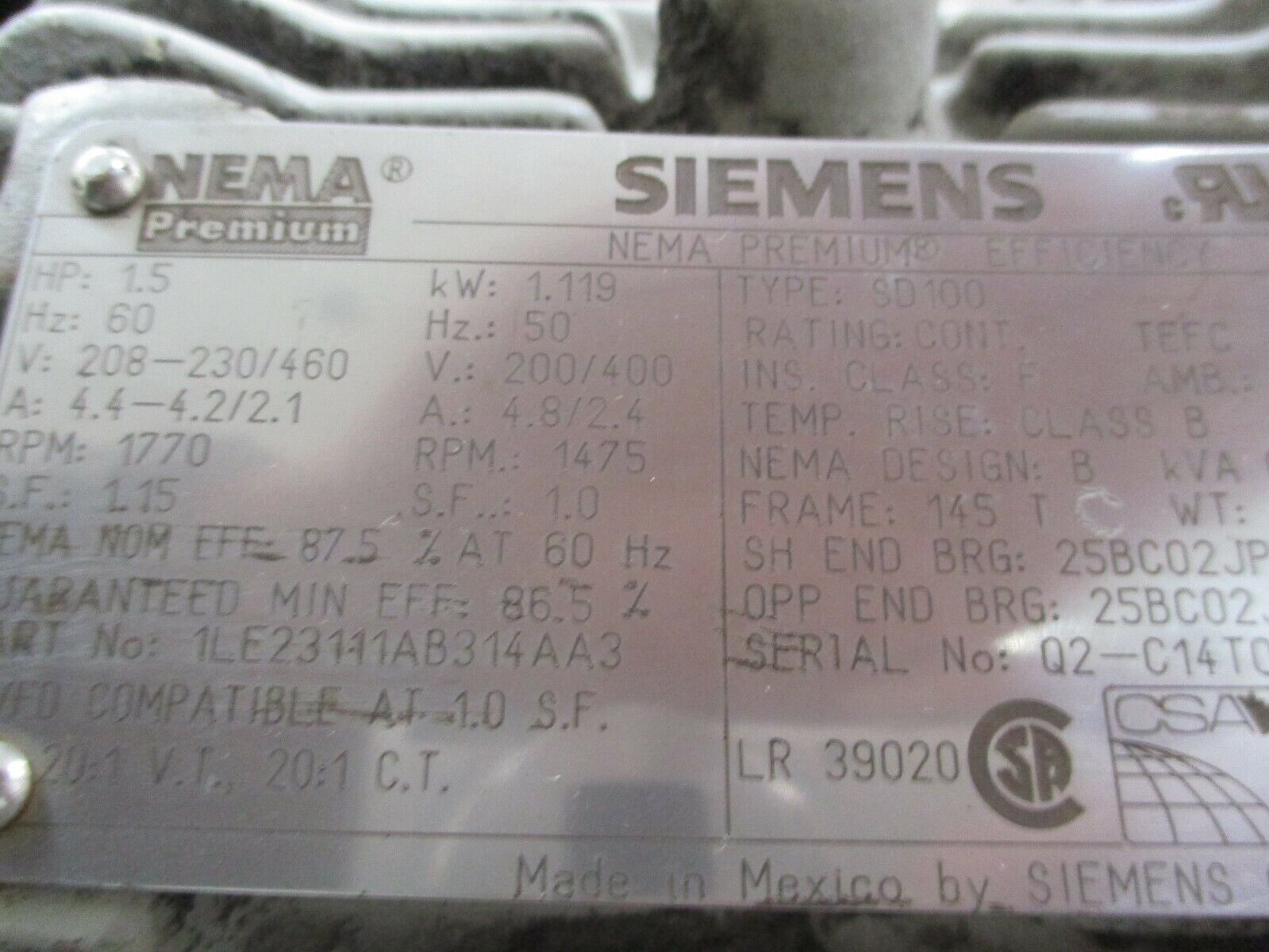 Siemens AC Motor 1LE23111AB3143 1.5HP 1800RPM 208-230/460V 4.4-4.2/2.1A Used