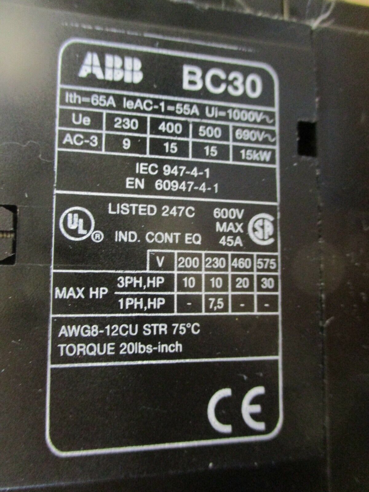 ABB Contactor BC30C-*EX 24VDC 45A 600V Used