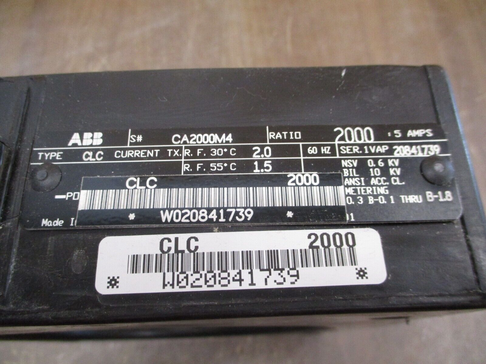 ABB Type CLC Current Transformer CA2000M4 Ratio 2000:5A 600V 10kV BIL Used