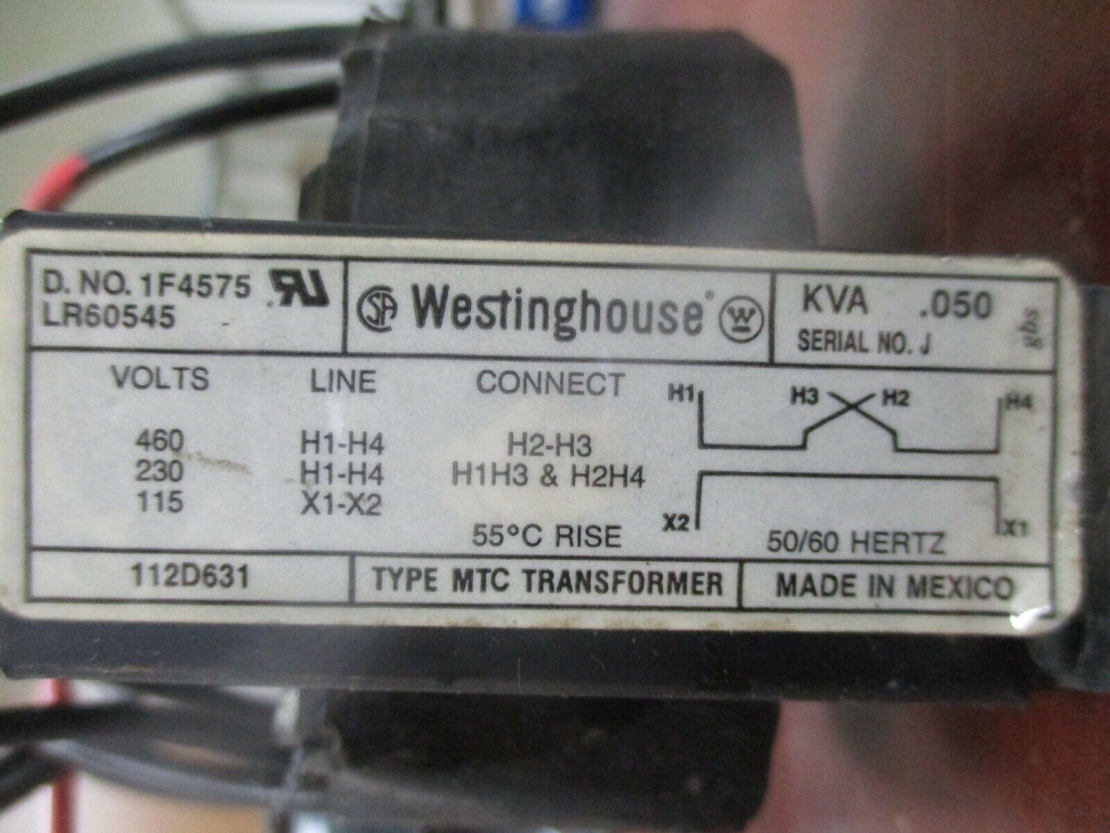 Westinghouse Type MTC Transformer 112D631 0.050KVA Pri: 230/460V Sec: 115V Used