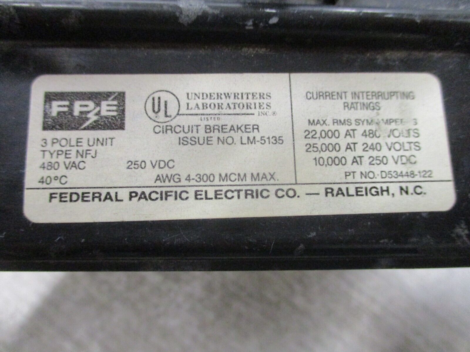 FPE CIrcuit Breaker NFJ631150 150A 480V 3P Used