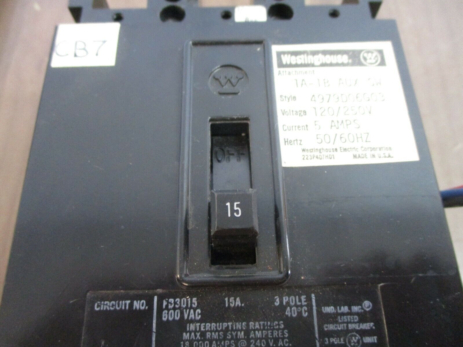 Westinghouse Circuit Breaker w/ Aux FB3015 15A 600V 3P Used