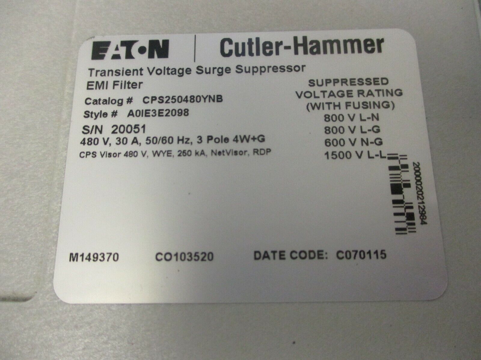 Eaton/Cutler-Hammer Surge Suppressor/EMI Filter CPS250480YNB 480V 30A 50/60Hz 3P