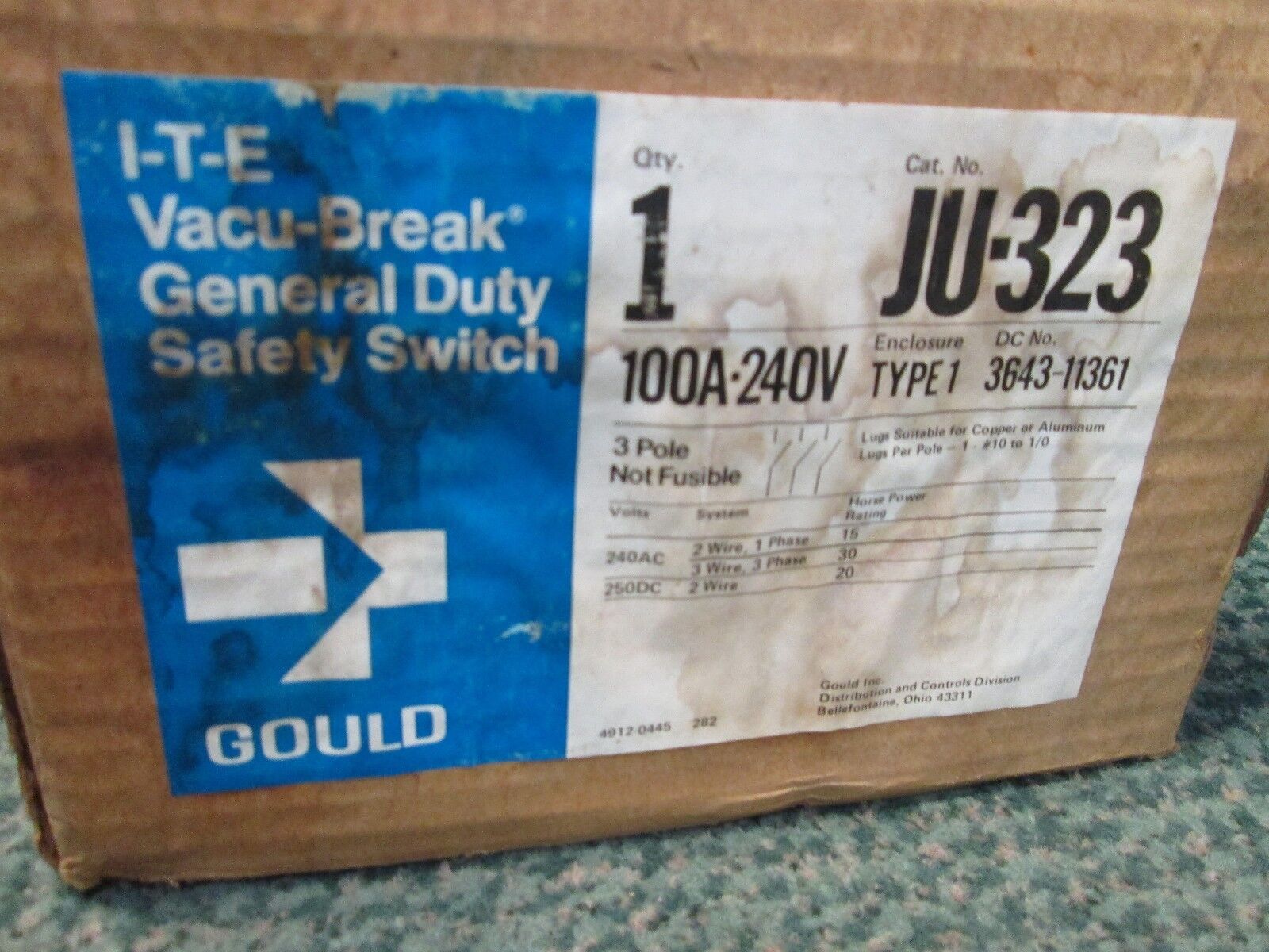 ITE Non-fusible Safety Switch JU-323 100A 240V 3P New Surplus