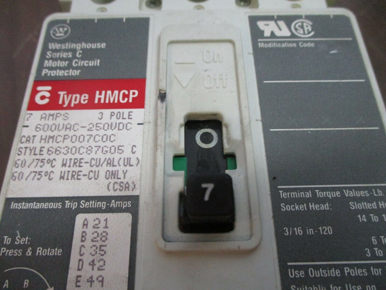 Cutler-Hammer / Westinghouse Circuit Breaker HMCP007C0C 7A 600V 3P Used