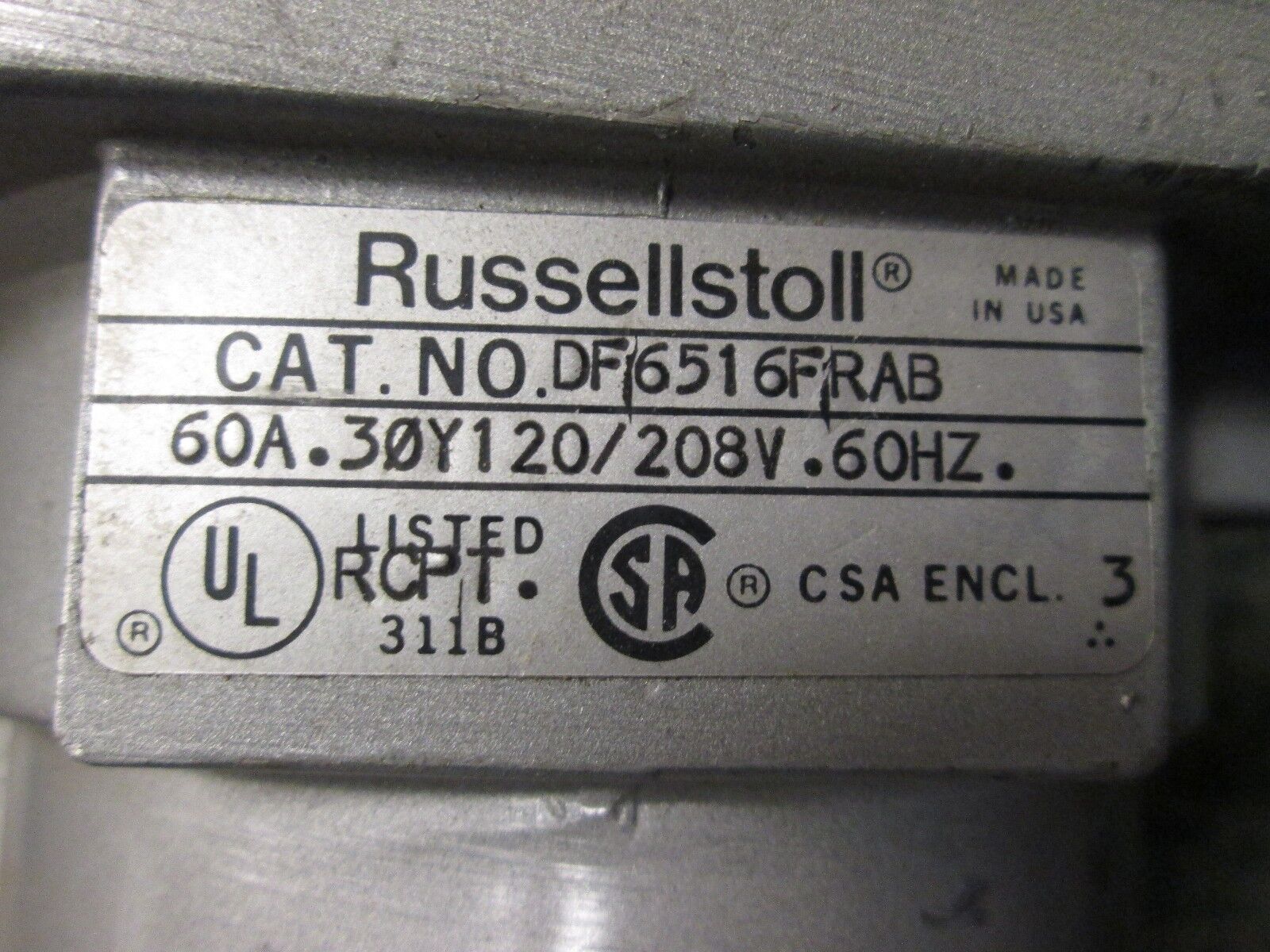 Russellstoll Receptacle DF6516FRAB 60A 120/208V 3Ph Used