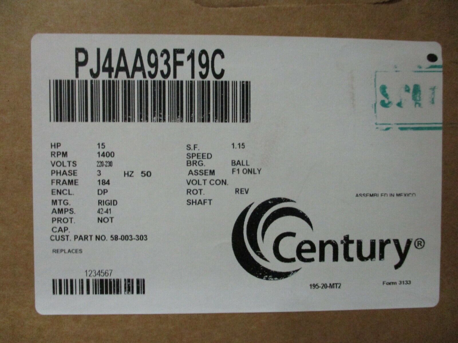 Century AC Motor PJ4AA93F19C 15HP 1400RPM 184 Frame DP Enclosure New Surplus