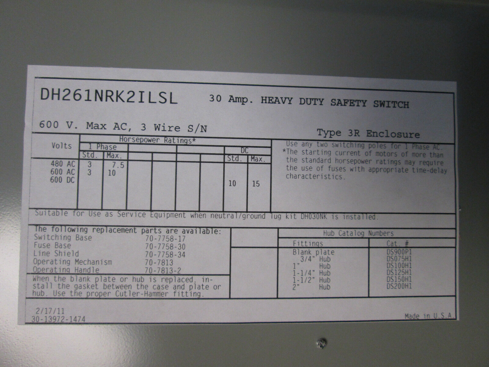 Cutler-Hammer 3R Fusible Safety Switch DH261NRK2ILSL 30A 600V 2P New Surplus