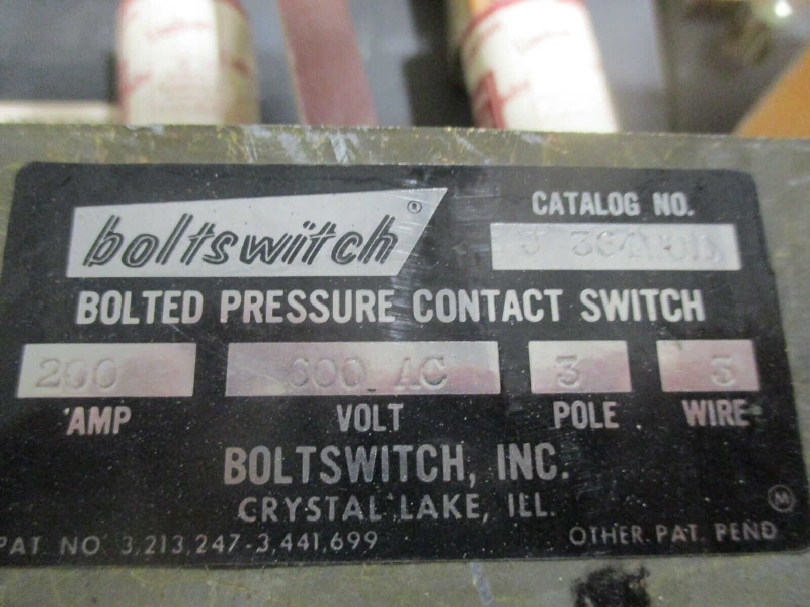 Boltswitch Bolted Pressure Contact Switch J 364WOL 200A 600V 3P 3W Used