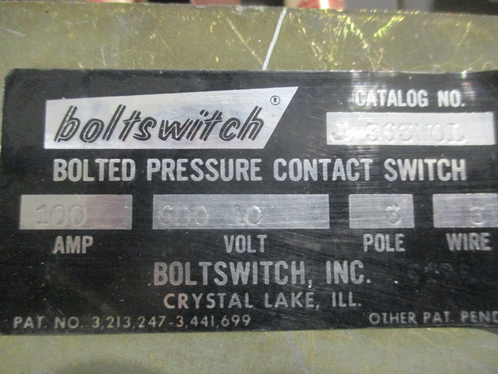 Boltswitch Bolted Pressure Contact Switch J 363WOL 100A 600V 3P 3W Used