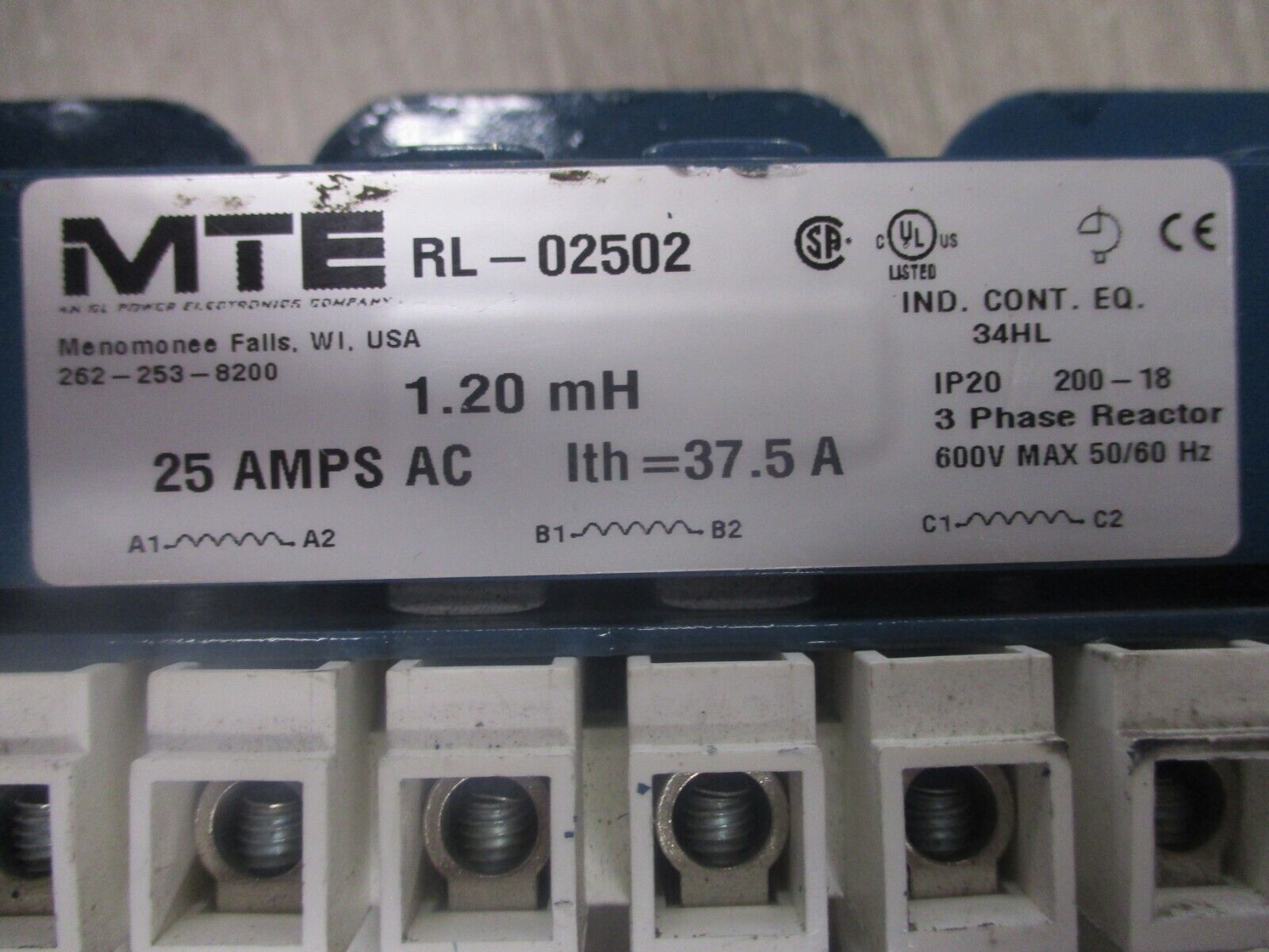 MTE 3Ph Line Reactor RL-02502 1.20mH 25A 600V 50/60Hz Used