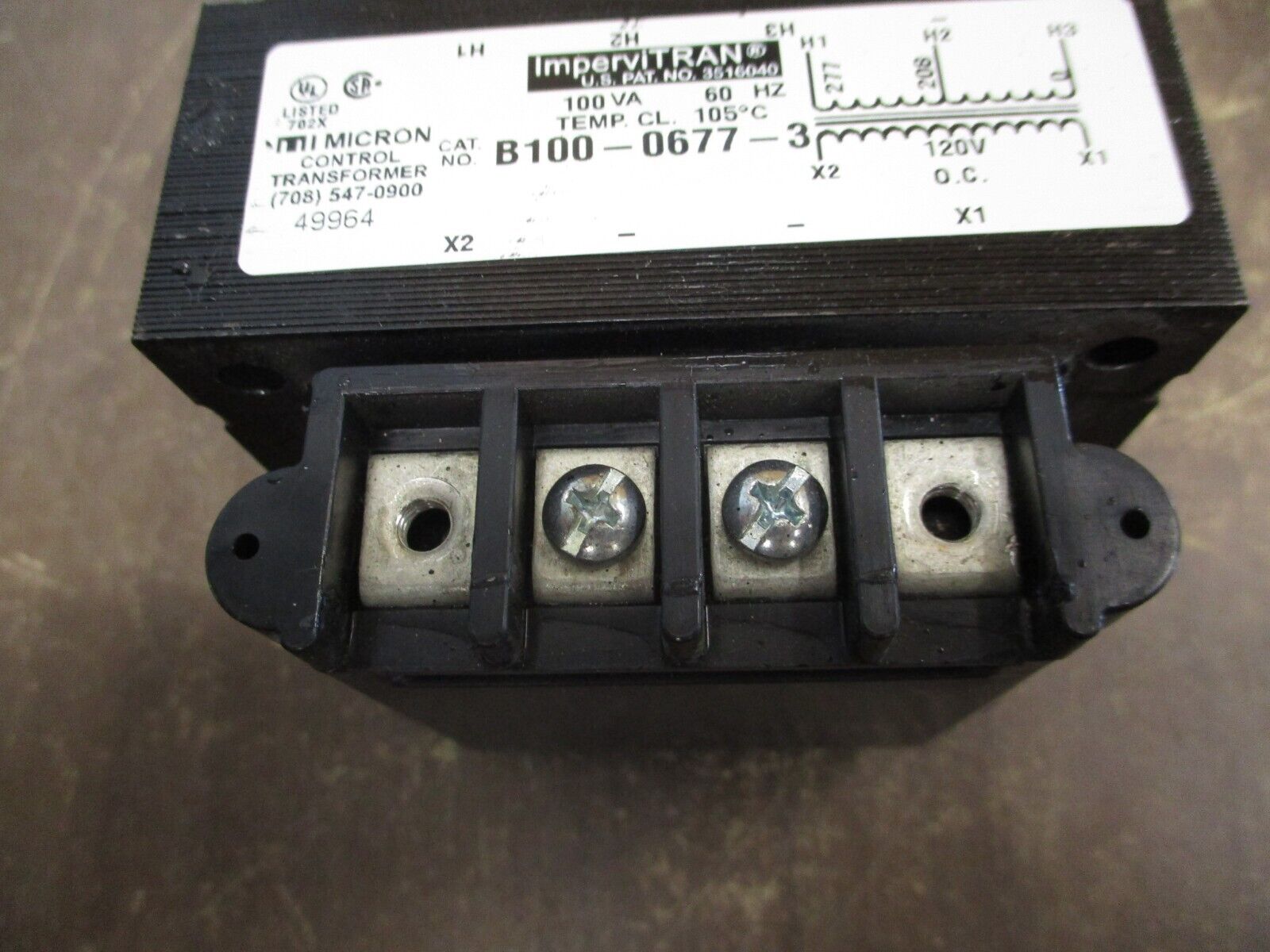 Micron ImperviTRAN Control Transformer B100-0677-3 100VA Pri: 208/277V Sec: 120V