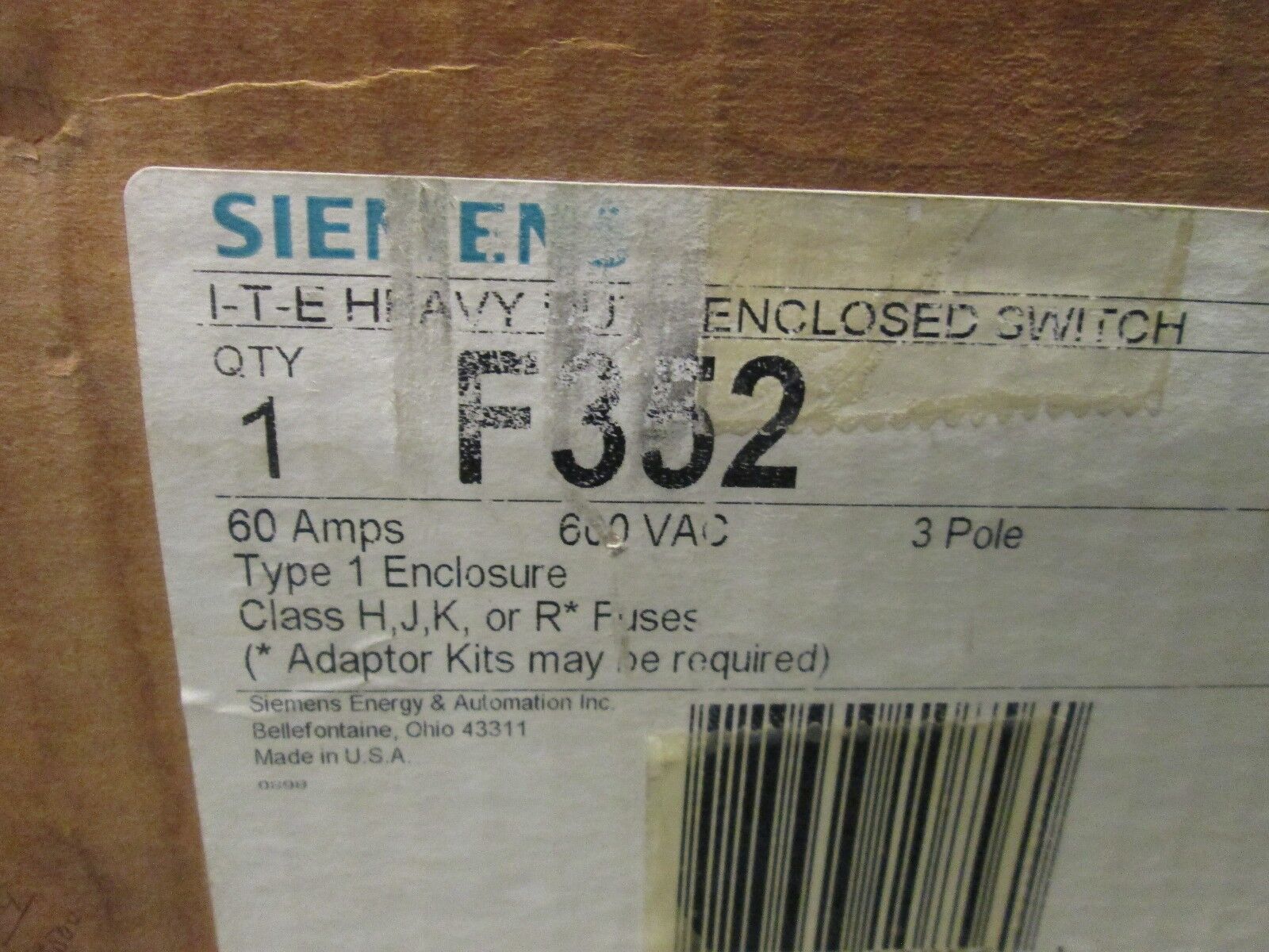 Siemens Fusible Safety Switch F352 60A 600V 3P New Surplus