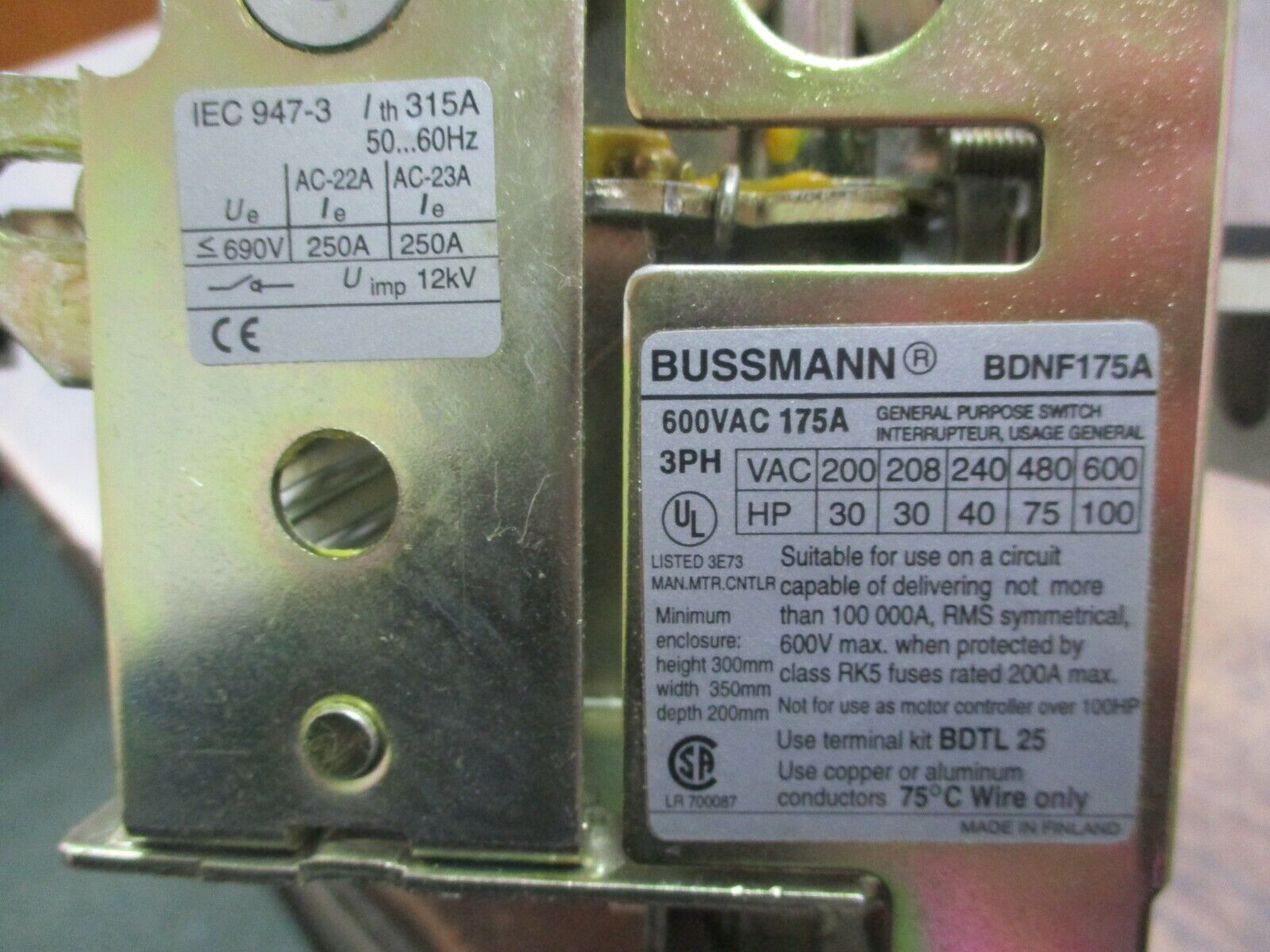 Bussmann Disconnect Switch BDNF175A 175A 600V 3Ph *No Handle* Used