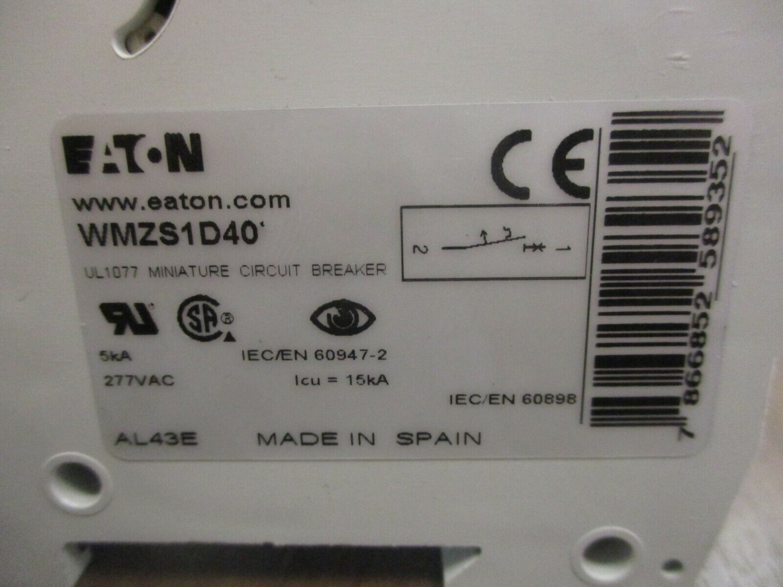 Eaton Miniature Circuit Breaker WMZS1D40 40A 277V 1P New Takeout