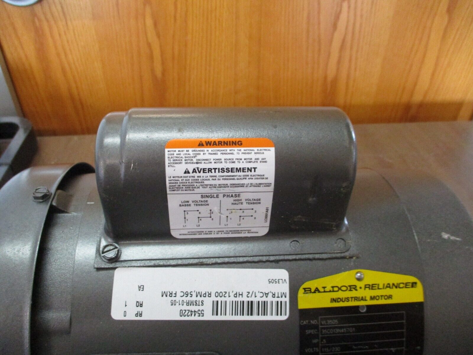 Baldor Motor VL3505 0.5HP 115/230V 7.8/3.9A 1200RPM 1Ph 60Hz Used