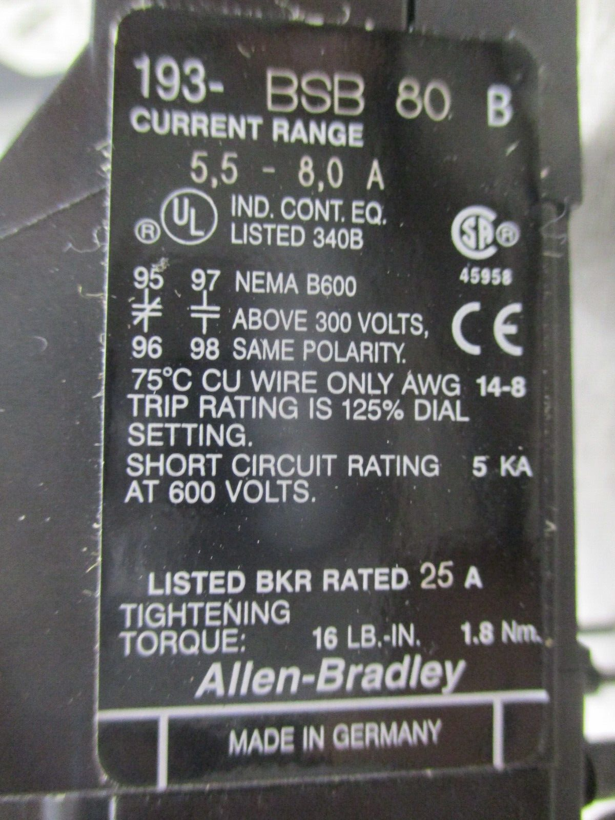 Allen-Bradley Solid State Overload 193-BSB80 Ser. B Trip : 5.5-8.0A New Surplus