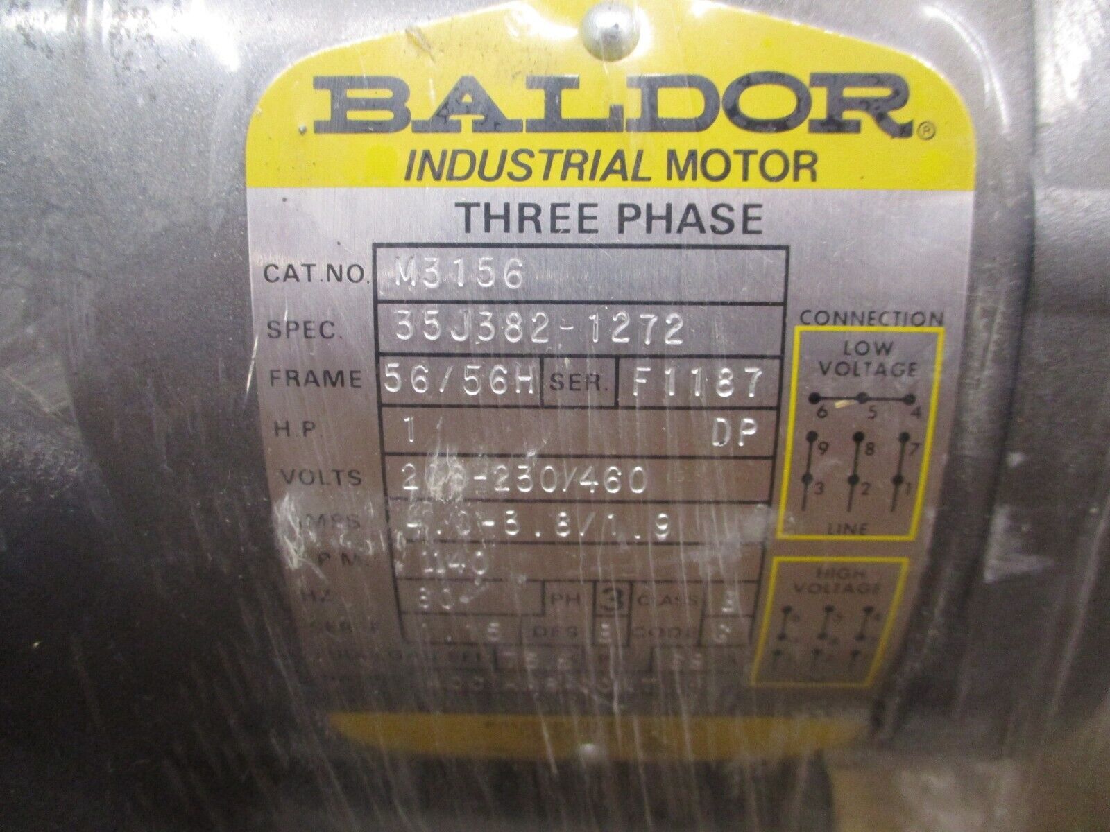 Baldor Motor M3156 1HP 1200RPM 208-230/460V 4.0-3.8/1.9A 3Ph 60Hz New Surplus