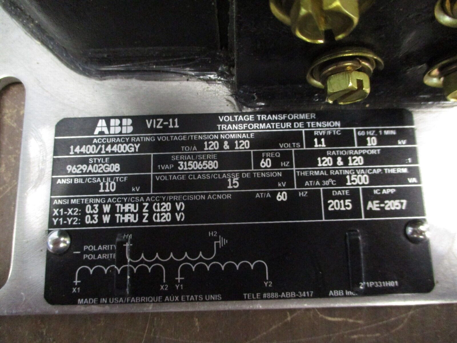 ABB VIZ-11 Voltage Transformer 9629A02G08 Pri: 14400V / 14400GY Sec: 120V 15kV