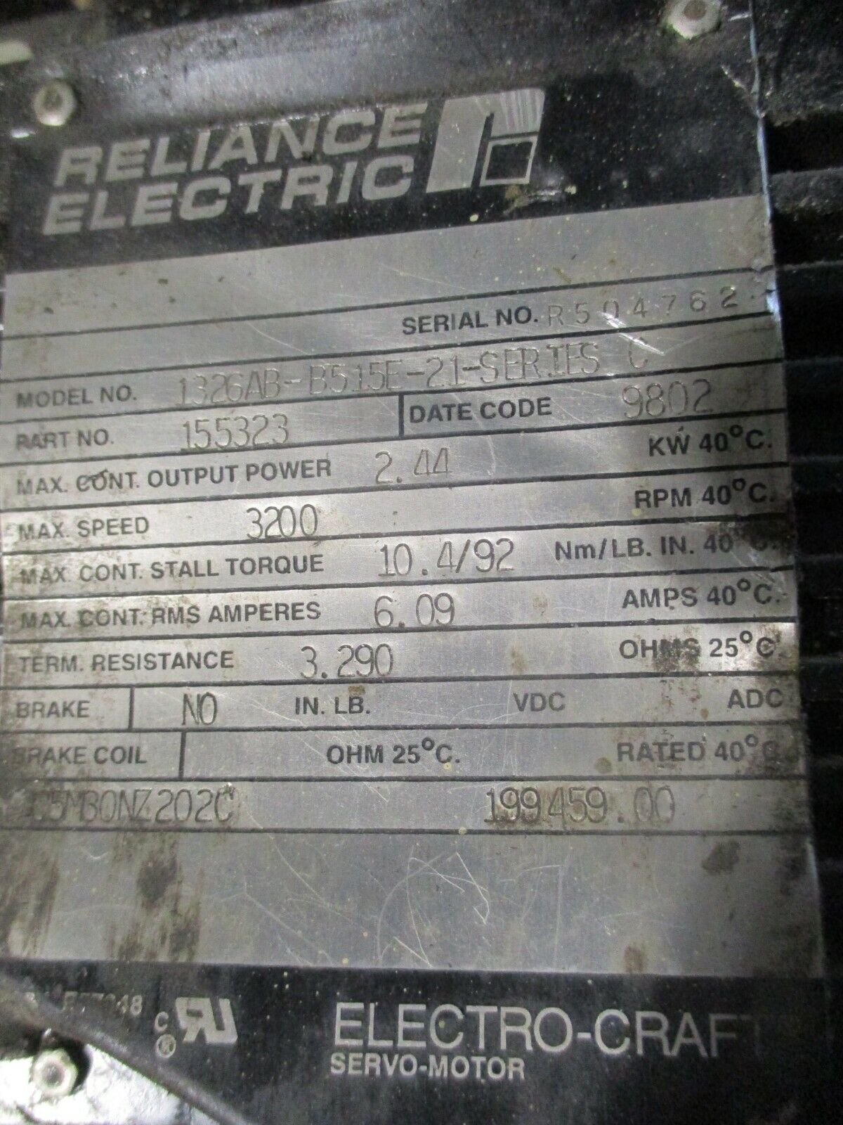 Reliance Electric Electro-Craft AC Servo Motor 1326AB-B515E-21 Ser. C 2.44KW