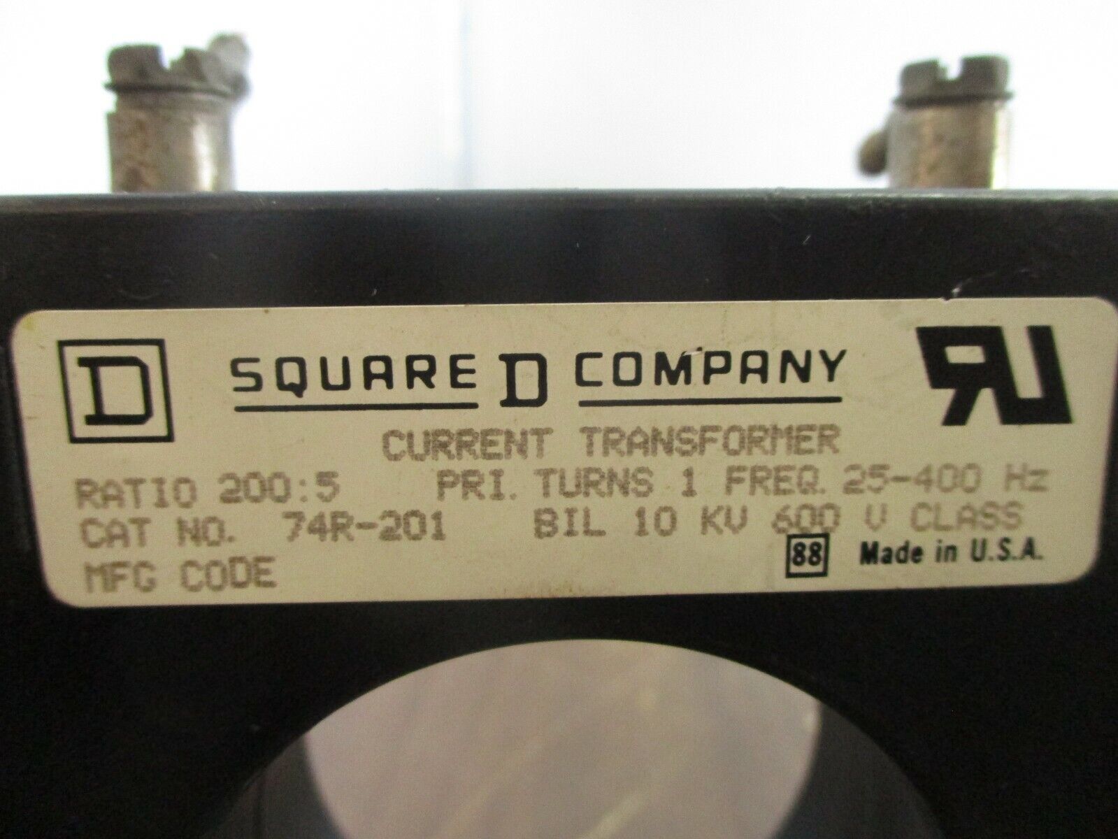 Square D Current Transformer 74R-201 Ratio 200:5A 600V 25-400Hz 10kV BIL Used