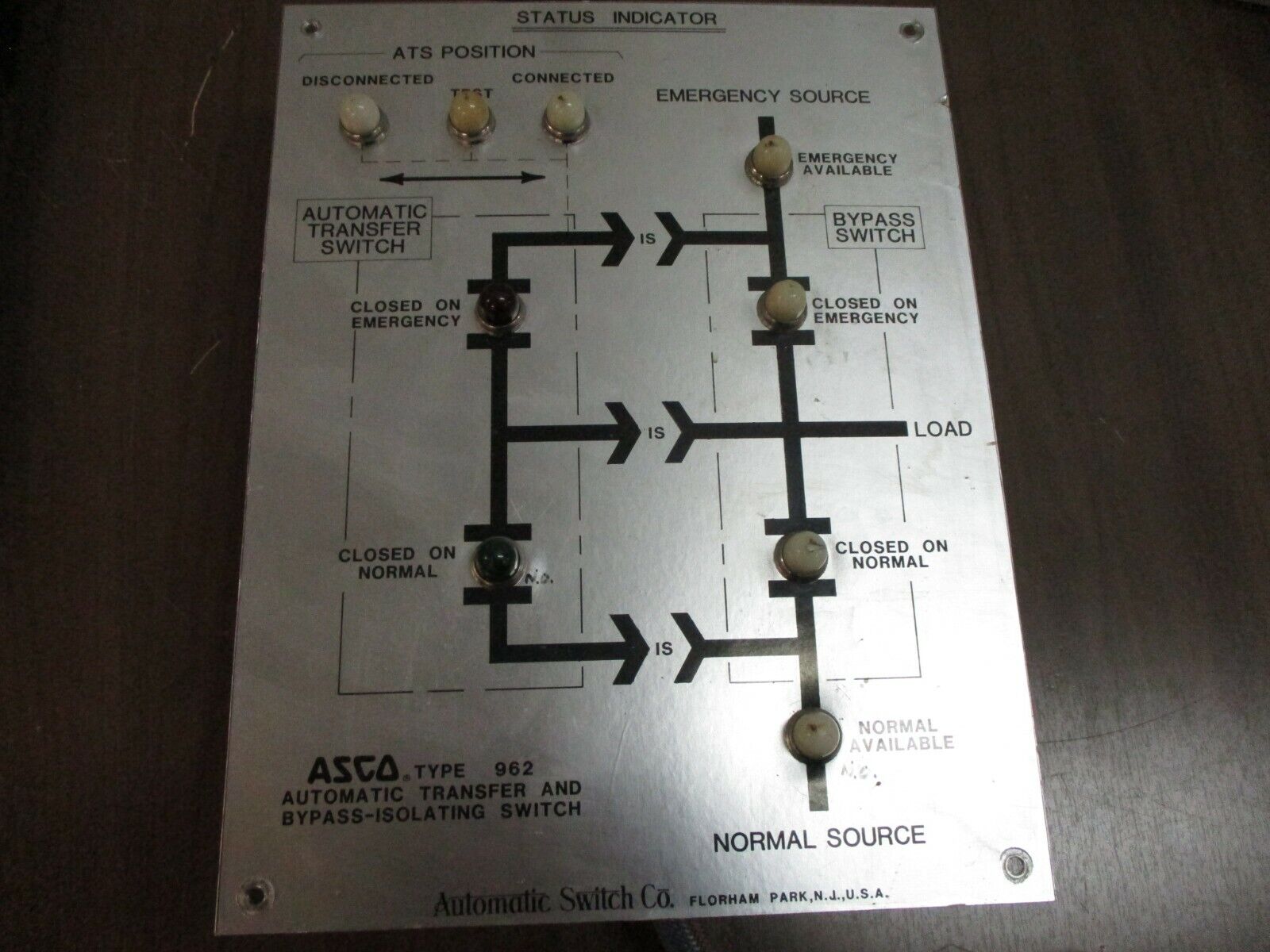 Asco Transfer & Bypass Switch Status Indicator Panel Type 962 Used