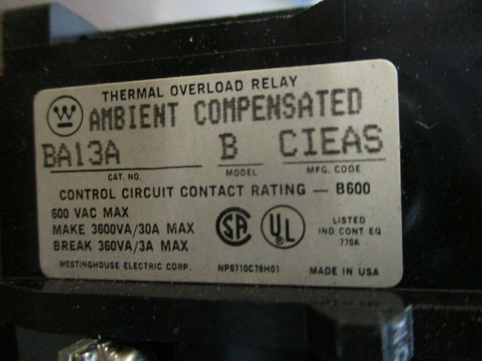 Westinghouse Overload Relay BA13 A Model B 600V 3P Used