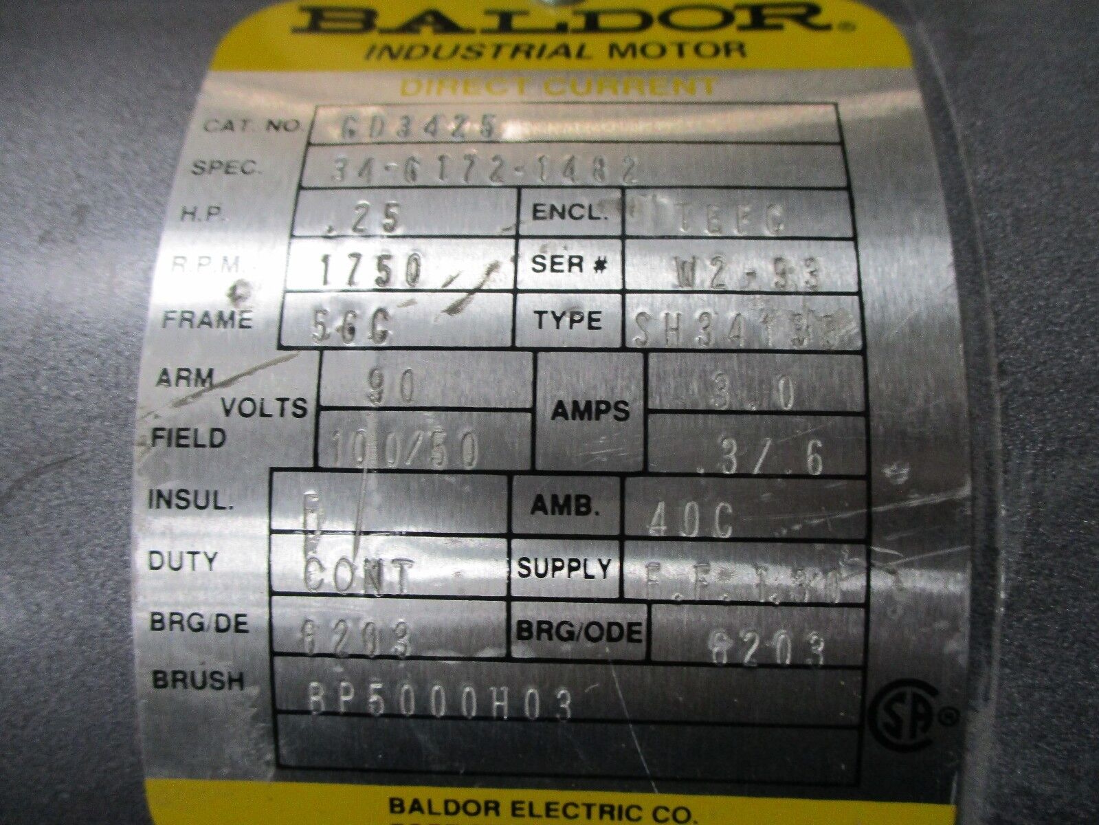 Baldor DC Motor CD3425 "No Key" .25HP 1800RPM 100/50V .3/.6A Fr:56C New Surplus