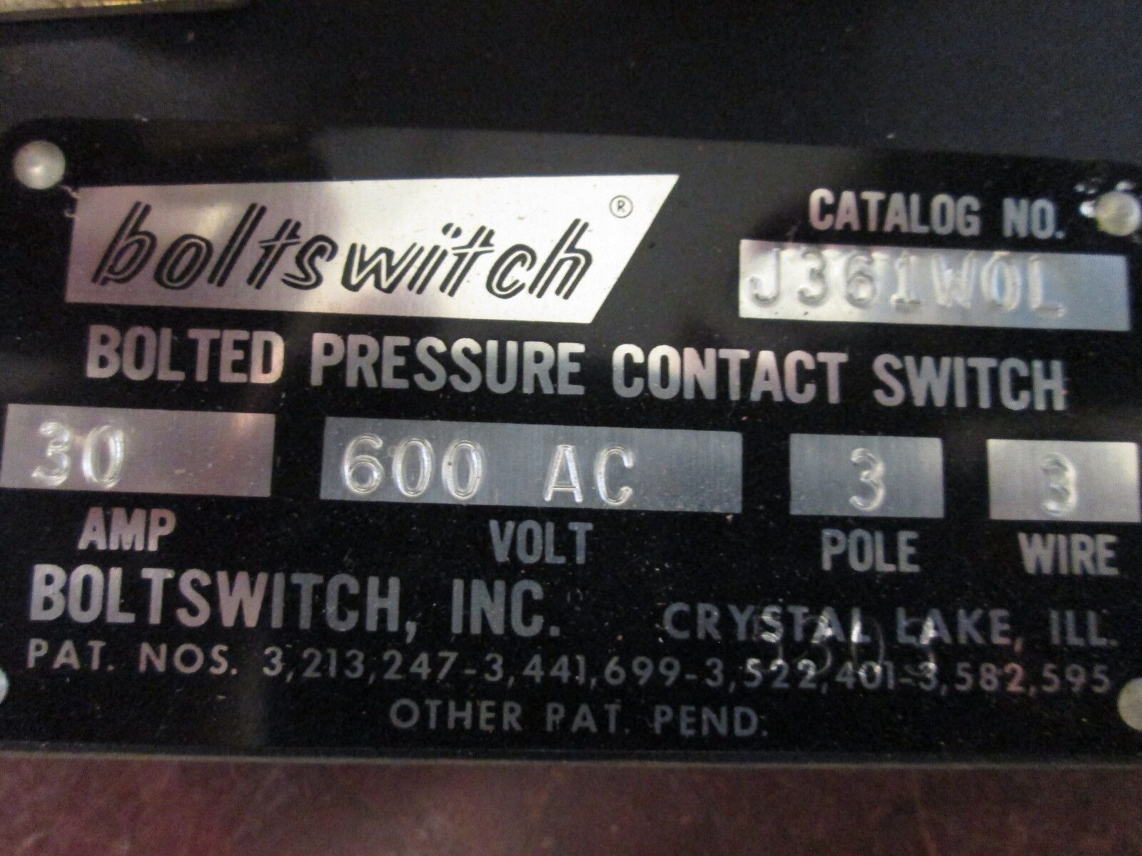 Boltswitch Bolted Pressure Contact Switch J361W0L 30A 600V 3P 3W w/ 20A Fuses