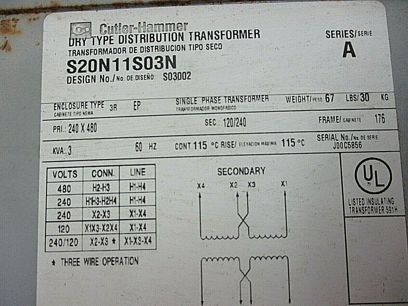 Cutler-Hammer Distribution Transformer S20N11S03N 3kVA Pri: 240/480V 60Hz Used