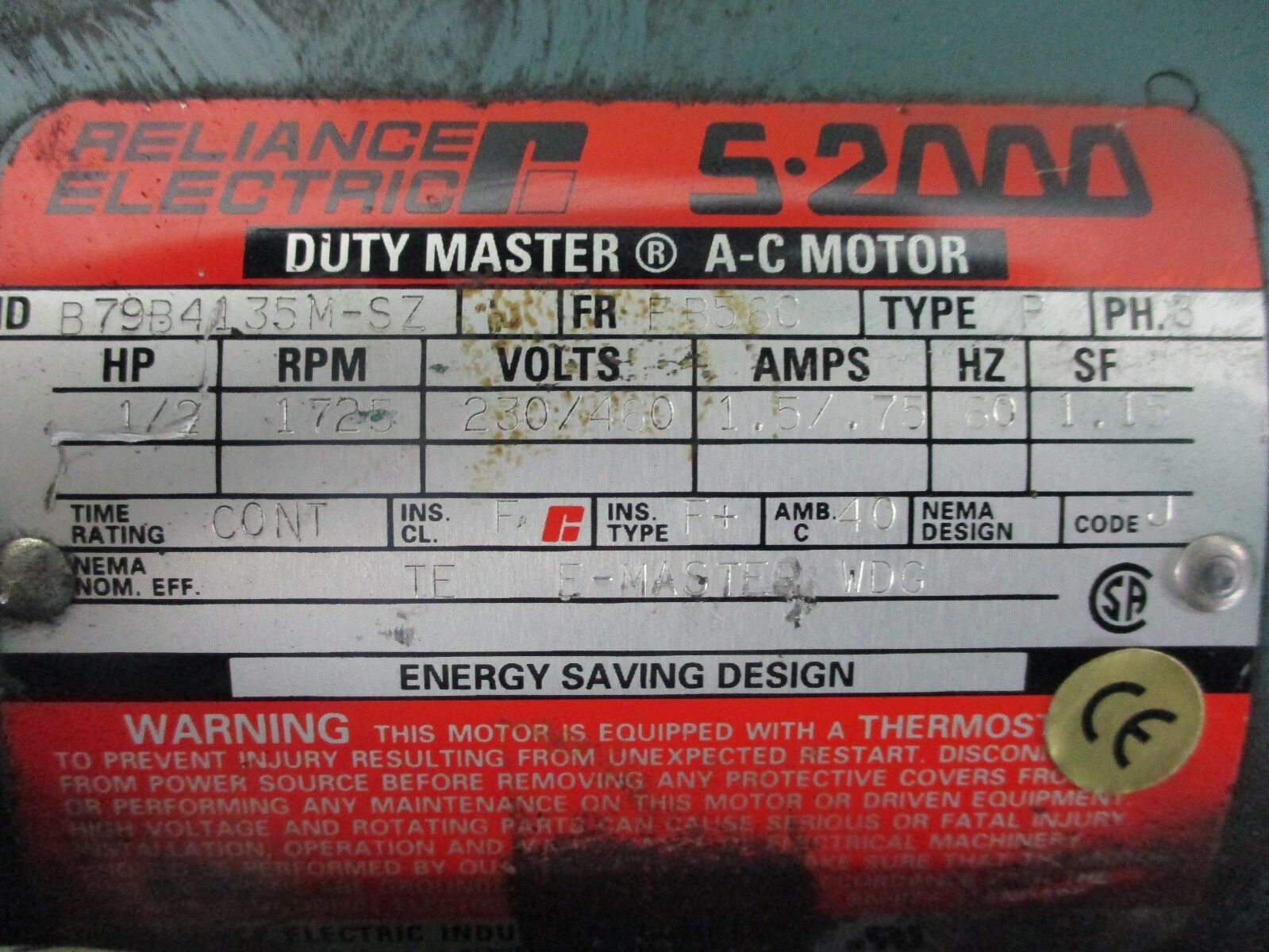 Reliance Duty Master AC Motor B79B4135M-SZ 1/2HP 1800RPM FR:FB56C 230/460V Used