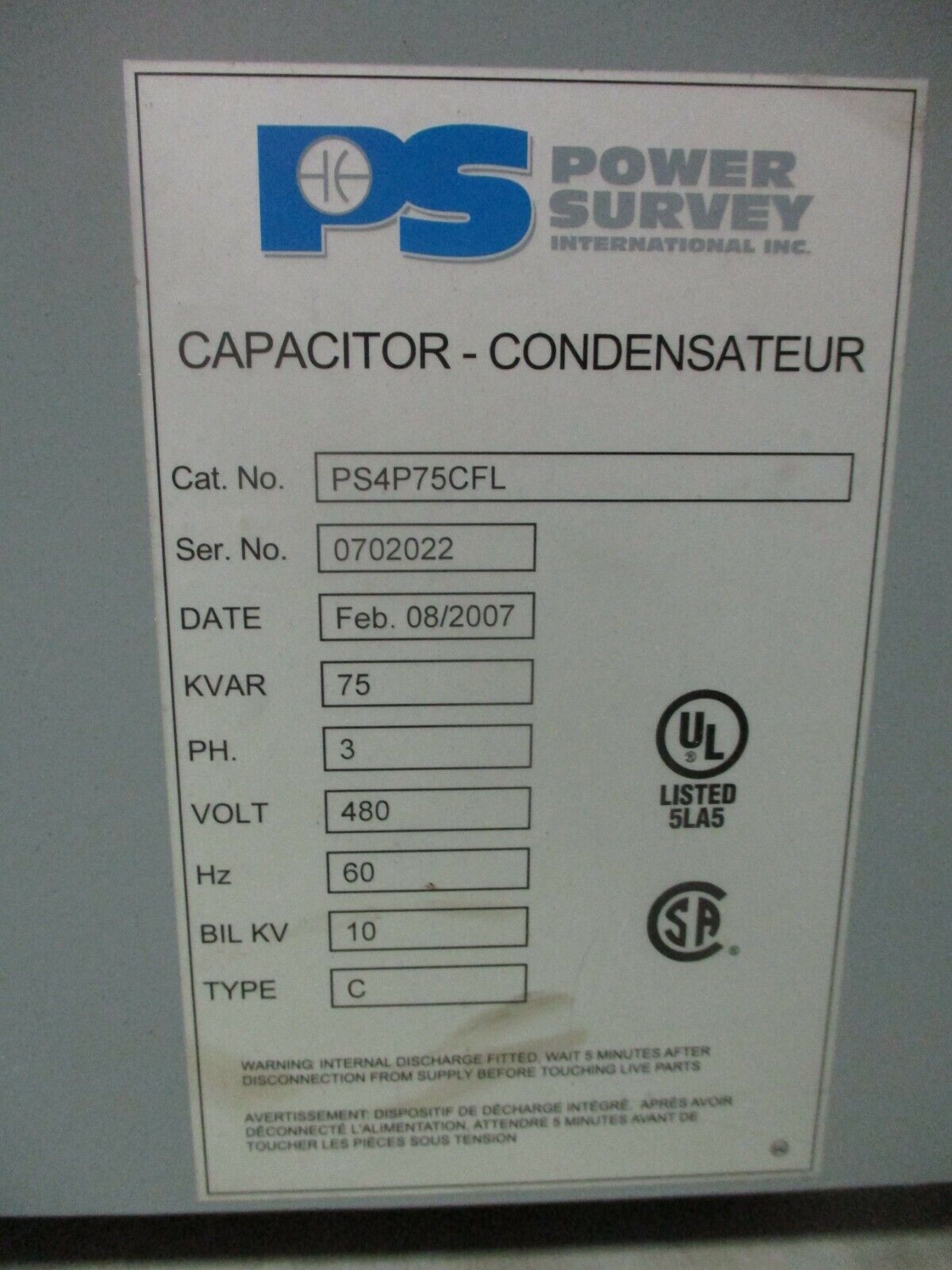 Power Survey Capacitor PS4P75CFL 75KVAR 480V 3Ph 60Hz Used