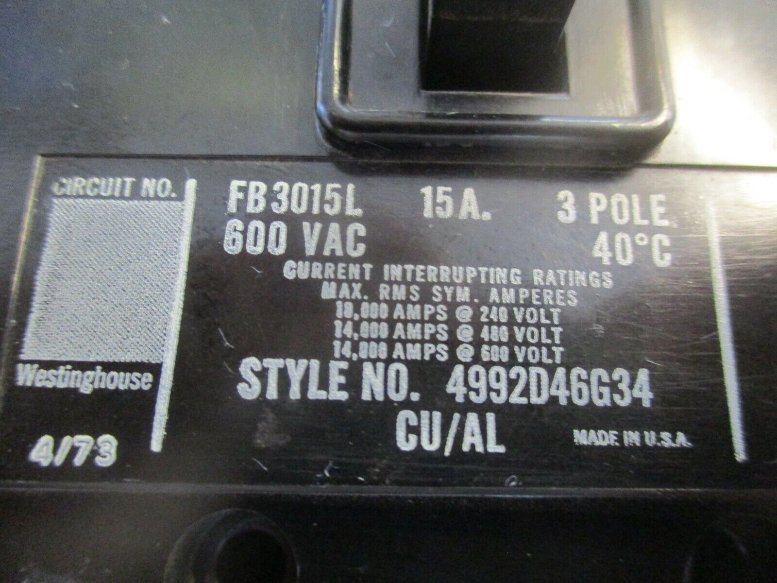 Westinghouse Circuit Breaker FB3015L 15A 600V 3P Used