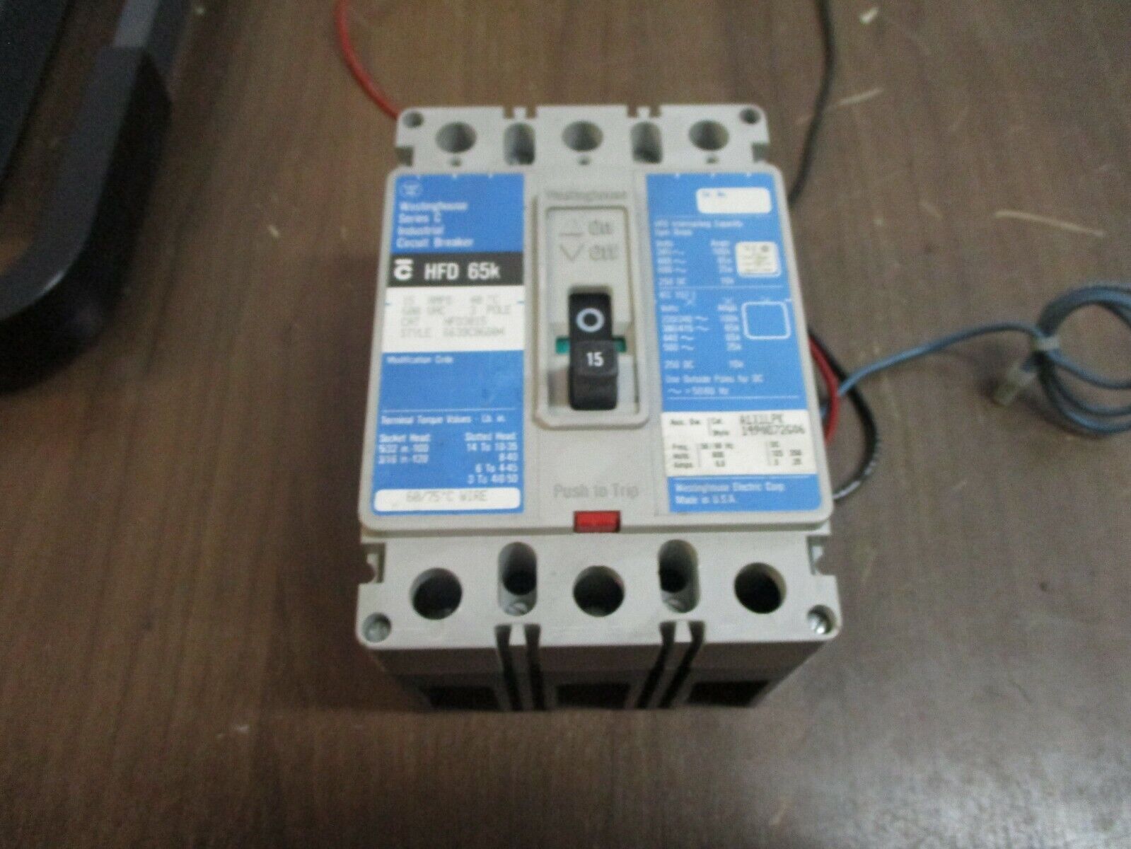 Westinghouse HFD 65K Circuit Breaker w/ Aux HFD3015 15A 600V 3P Used