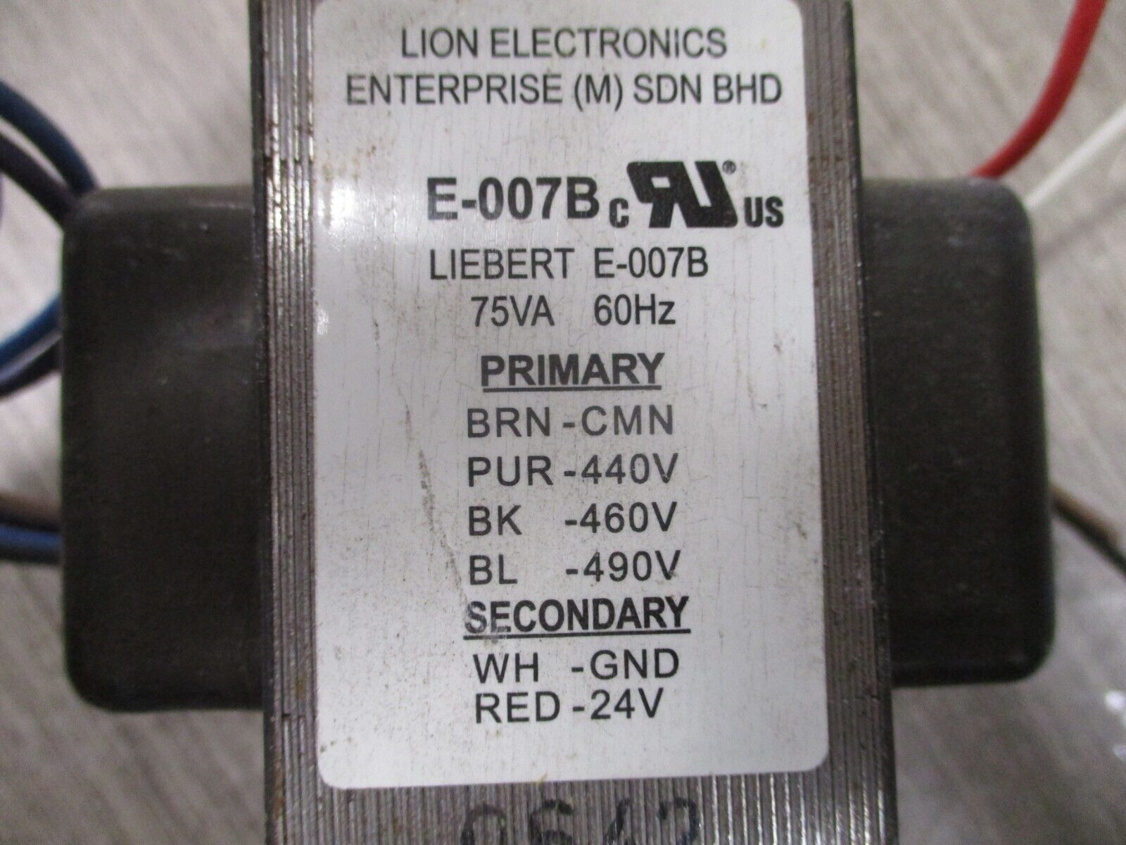 Liebert Transformer E-007B 75VA Pri: 440/460/490V Sec : 24V 60Hz Used