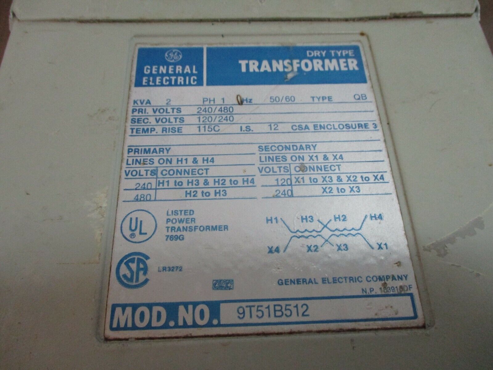 GE Transformer 9T51B512 2kVA Pri: 240/480V Sec: 120/240V 1Ph 50/60Hz Used