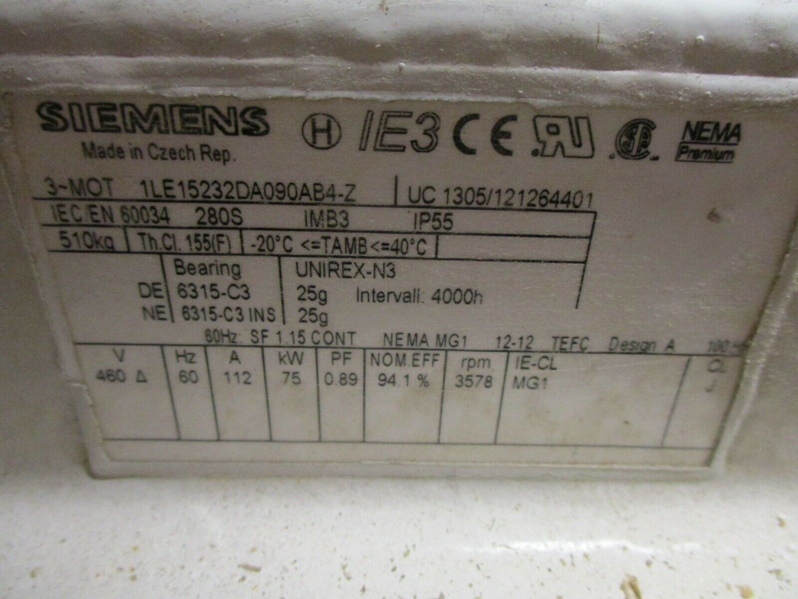 Siemens Motor 1LE15232DA090AB4-Z  100HP 3600RPM 112A 460V 60Hz IP55 New Surplus