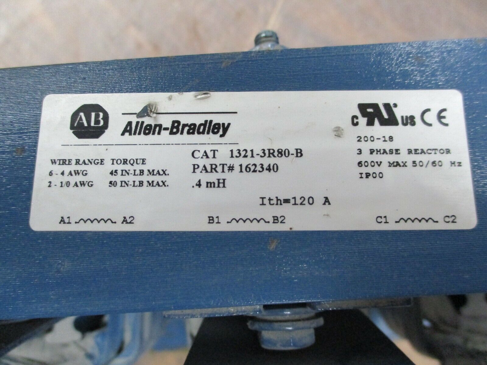 Allen-Bradley 3 Phase Line Reactor 1321-3R80-B 0.4mH 600V 50/60Hz Used