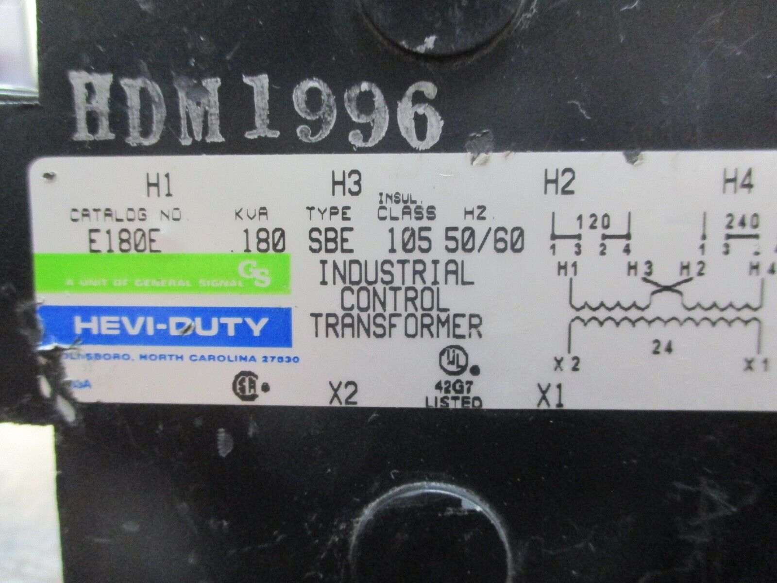 Hevi-Duty Type SBE Control Transformer E180E 0.180KVA Pri:120/240V Sec:24V Used