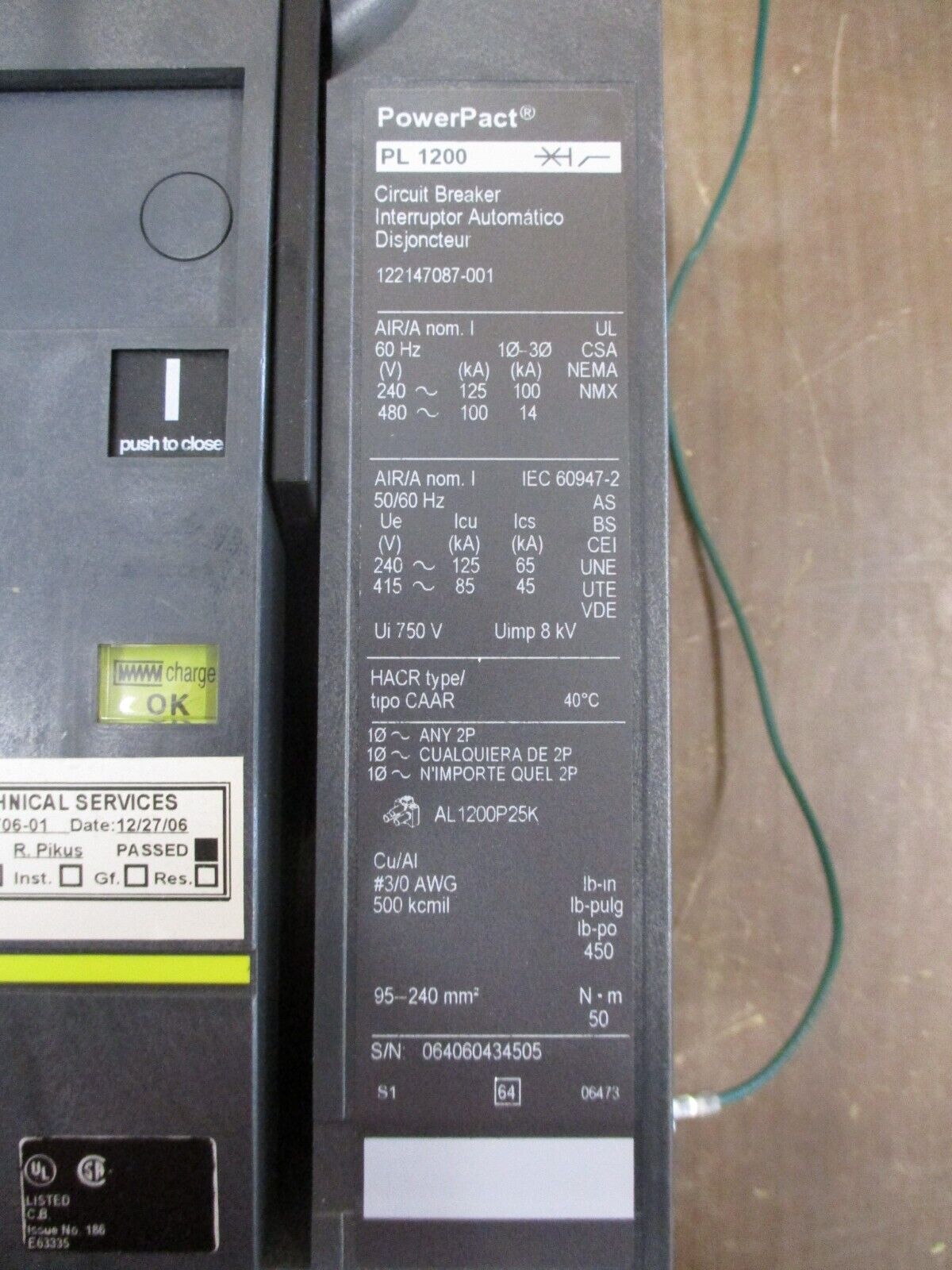 Square D PowerPact Circuit Breaker PL 1200 1200A 480V 60Hz MicroLogic 3.0 Trip