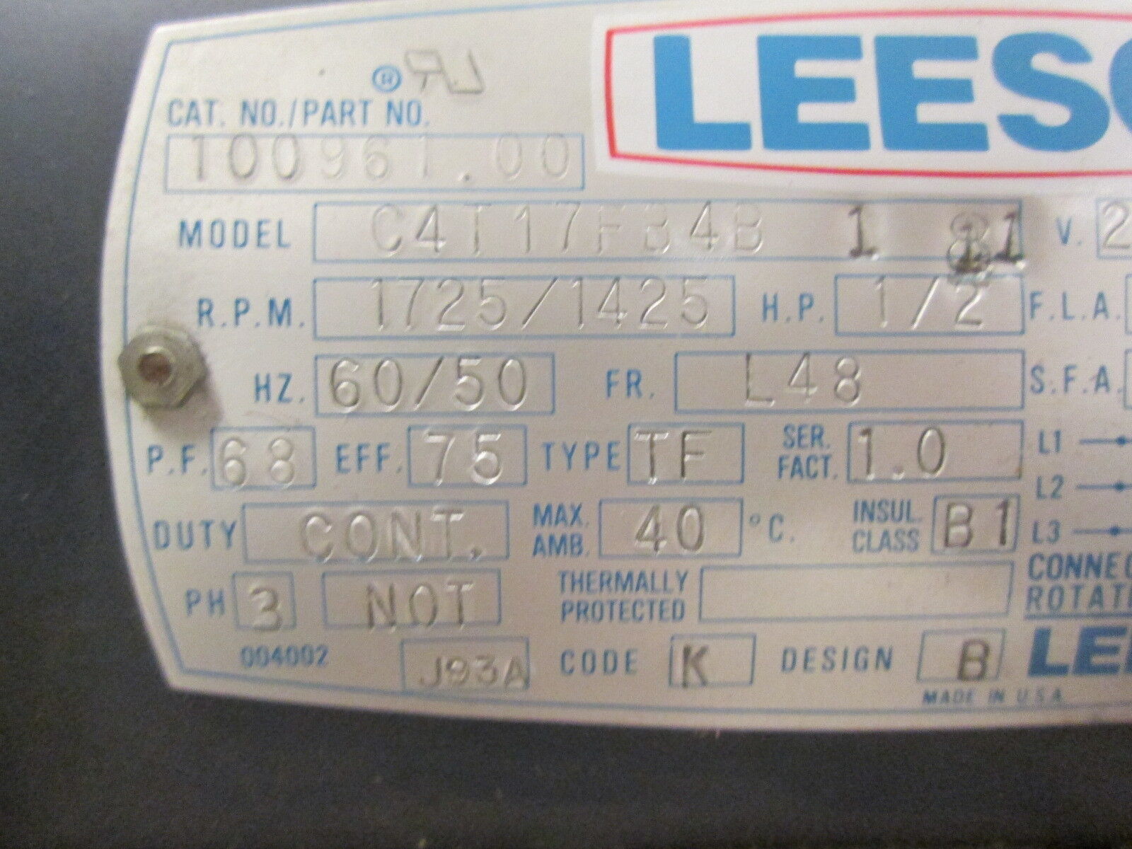 Leeson C4T17FB4B AC Motor 100961.00 ½HP 1725/1425RPM FR: L48 ENCL: TEFC Used