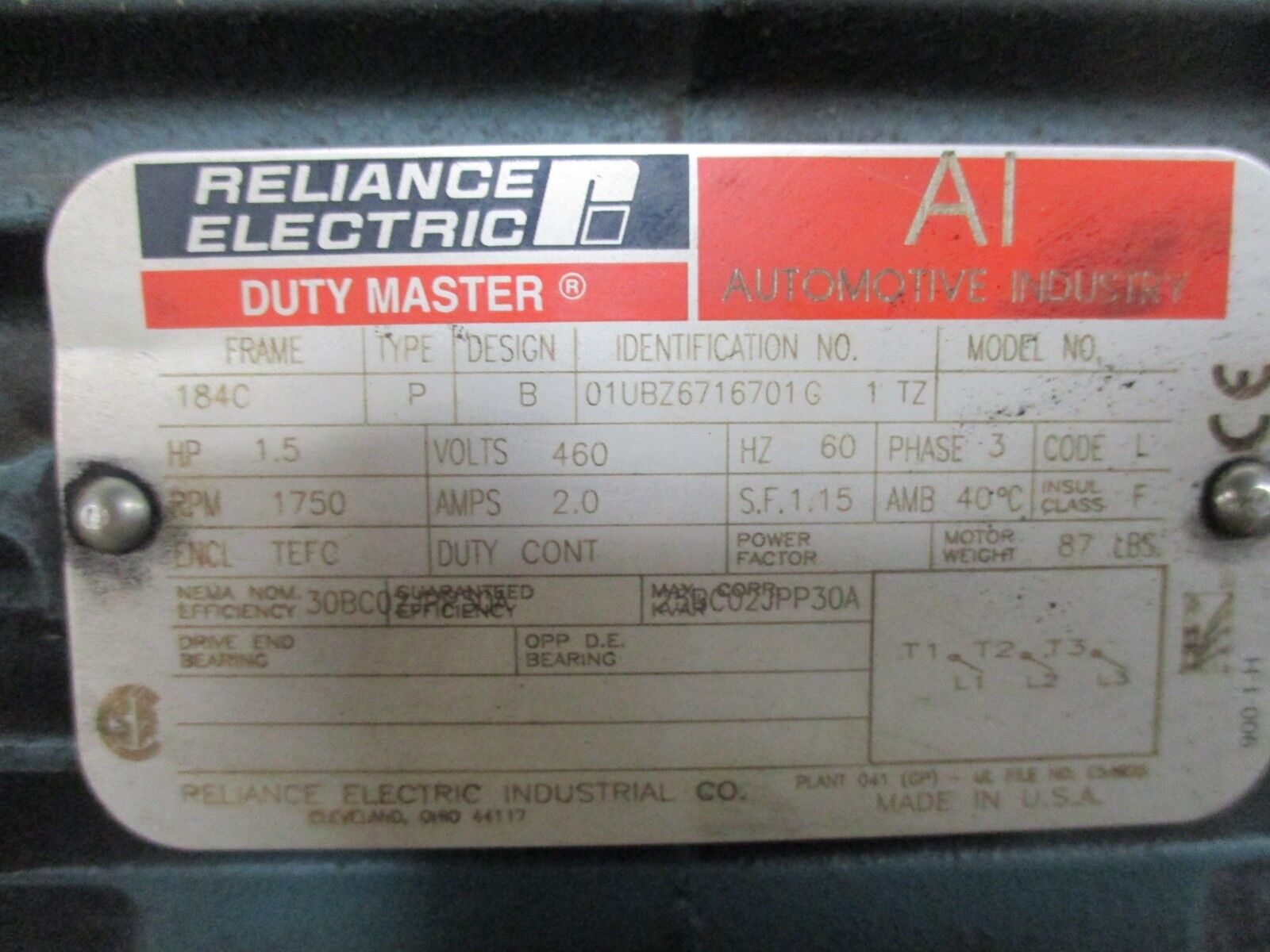 Reliance AI Duty Master AC Motor 01UBZ6716701G 1 TZ 1.5HP 1800RPM 460V 2A Used