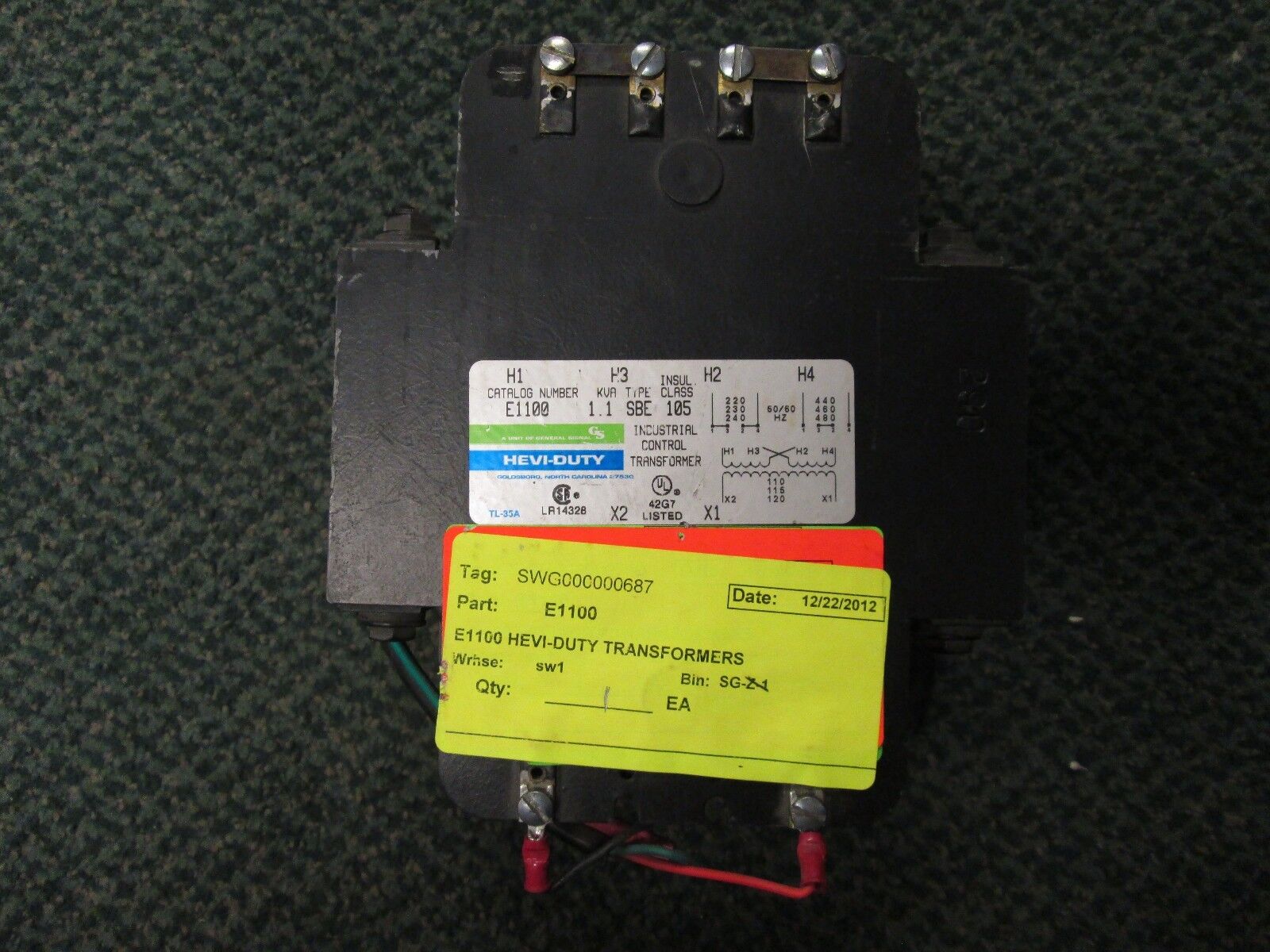 Hevi-Duty Control Transformer E1100 1.1KVA Pri 240/480V Sec 120V Used