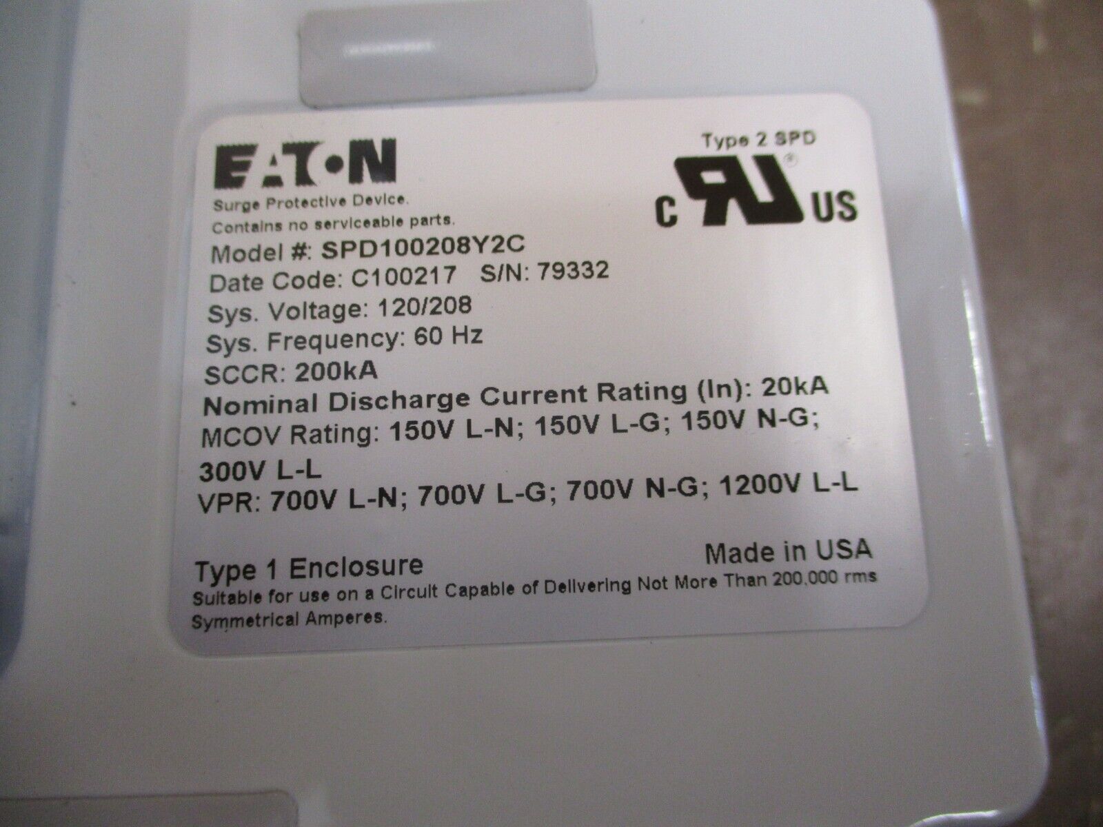 Eaton SPD Series Surge Protective Device SPD100208Y2C 120/208V 60Hz Used