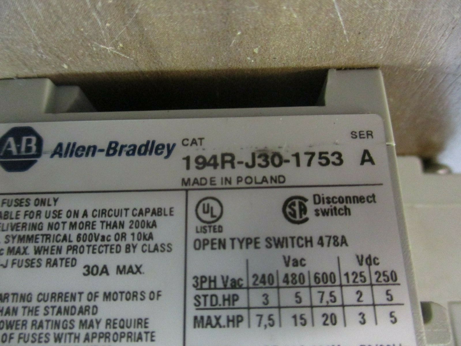 Allen-Bradley Fusible Disconnect Switch 194R-J30-1753 Ser. A 30A 600V 50/60Hz