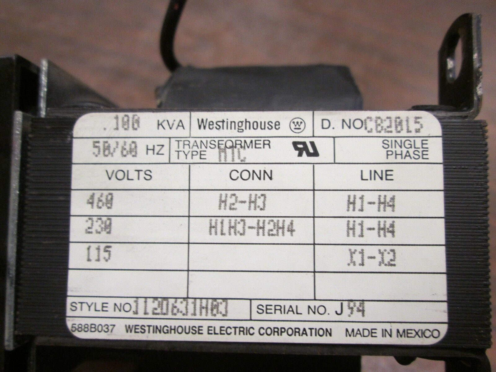 Westinghouse Transformer CB2015 0.100KVA Pr: 230/460V Sec 115V 1Ph Used